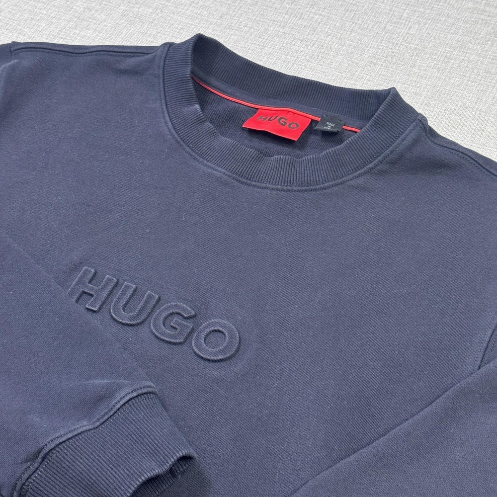 HUGO‎ Sweatshirt Pullover Mens M Blue Crew Neck Embossed Logo Fleece Long Sleeve